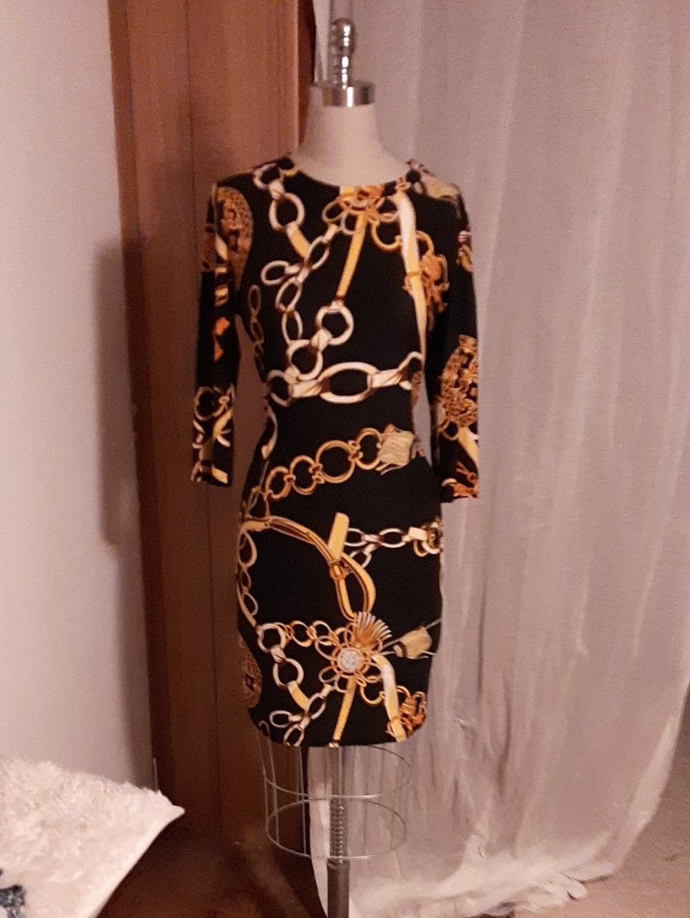 MOA USA CollectionGold Chain Print Black Bodycon Dress 3x Fits Xl& 2xl